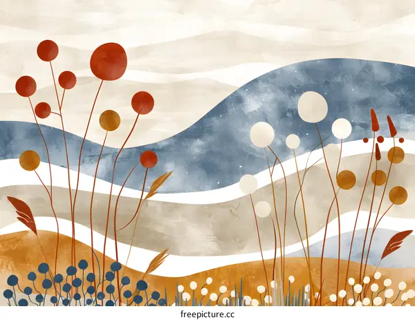 Abstract Watercolor Floral Illustration with Wavy Lines