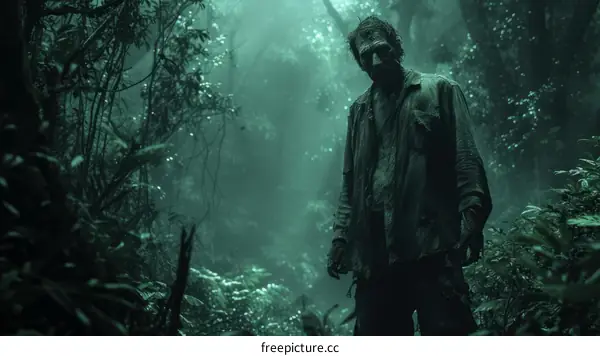 A lone zombie stands in a dark and misty forest