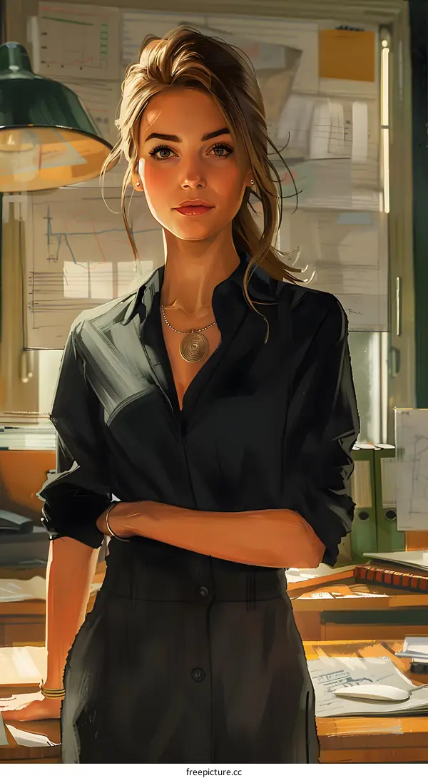 Confident businesswoman standing in front of a desk