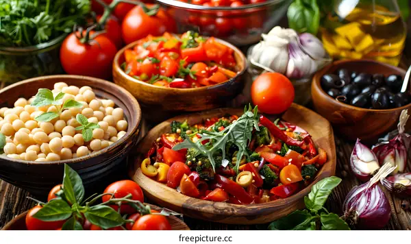 Various fresh vegetables and spices on a wooden table