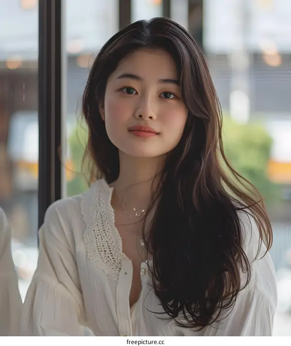 Beautiful Asian Woman with Long Hair Wearing a White Blouse