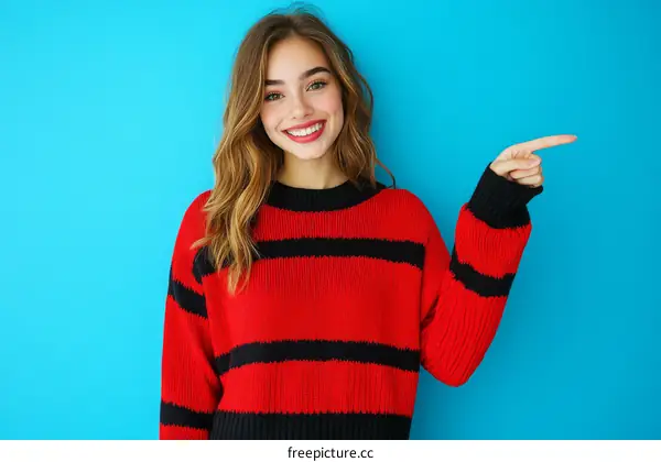 Woman in Red and Black Striped Sweater Pointing