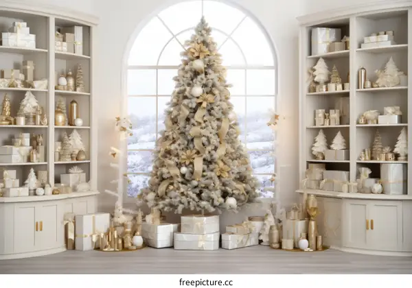 A beautiful Christmas tree in a living room with a large window