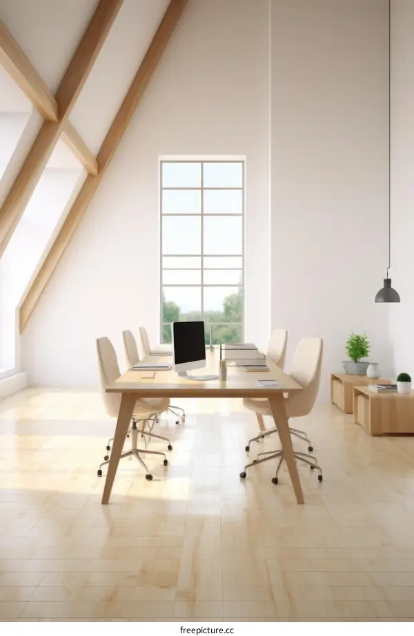 Home Office with Large Windows and Wood Plank Accent Wall