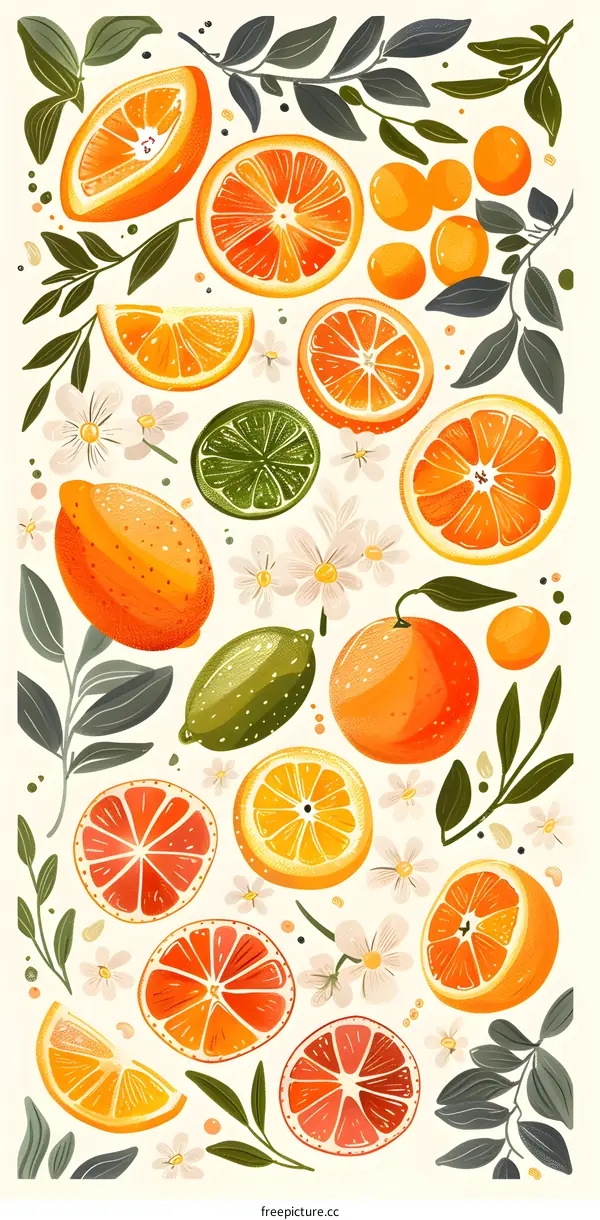 Citrus Fruit and Flower Illustration