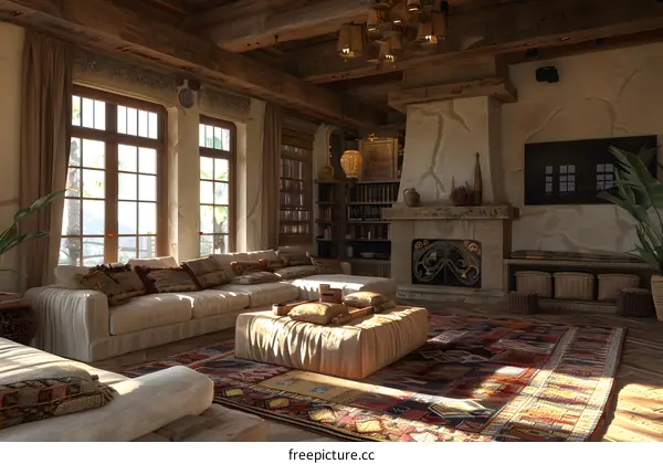 Rustic living room with a fireplace and large windows