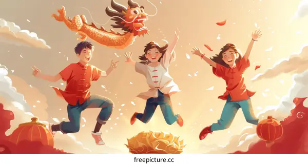 Three young people jumping in the air while celebrating Chinese New Year