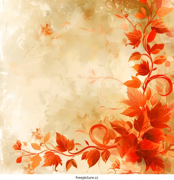 Red and orange leaves and vines on a beige background