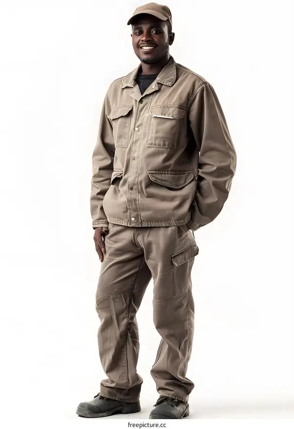 Studio portrait of a smiling man wearing a brown work uniform