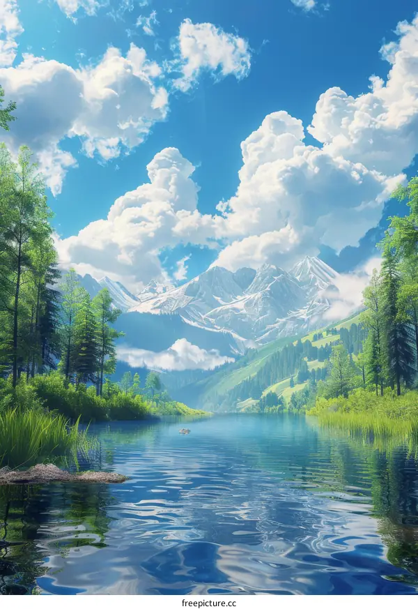 Majestic Mountains, Crystal Lake, Vibrant Trees, Fluffy Clouds, and Azure Sky