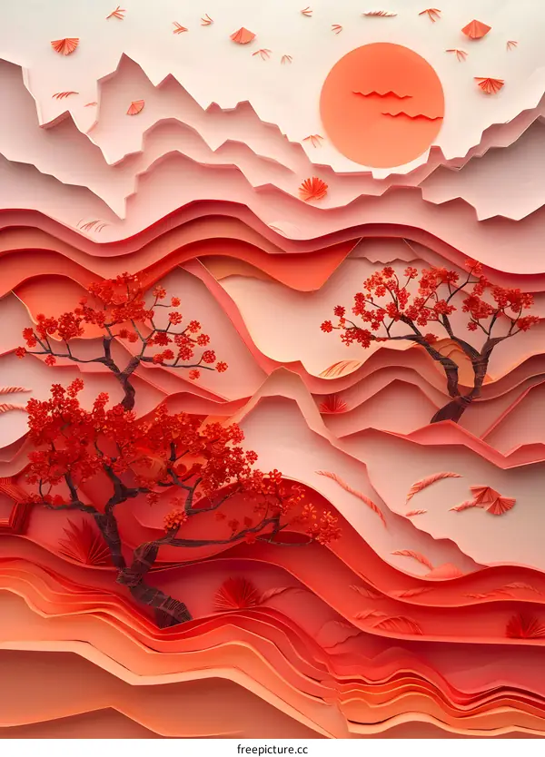 red paper cut landscape illustration