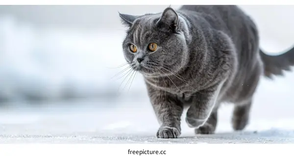 A gray British shorthair cat is walking on the ground