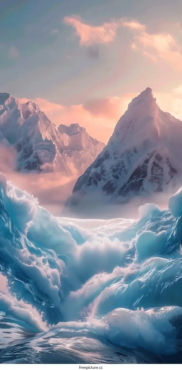 Snow Covered Mountain Range And Ocean Waves At Sunset