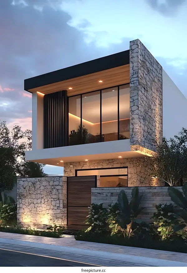 Modern Minimalist Two Story Home with Stone Facade