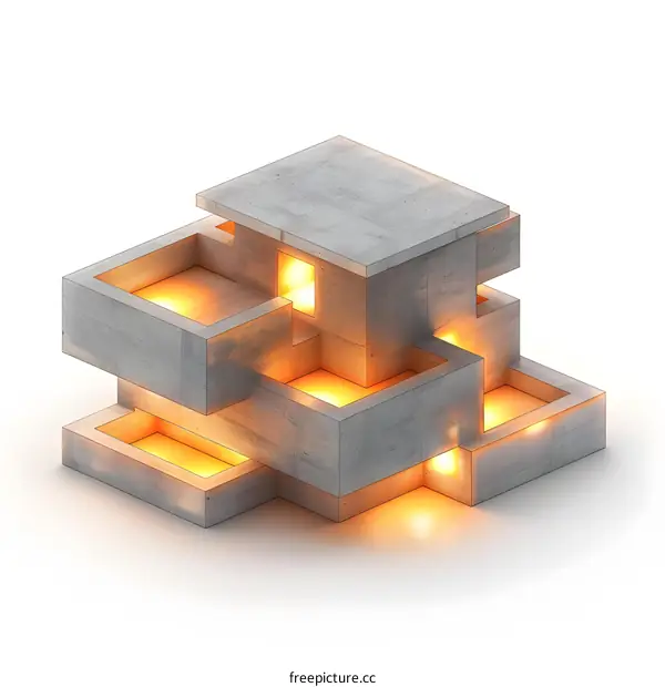 Abstract Concrete Building With Glowing Windows