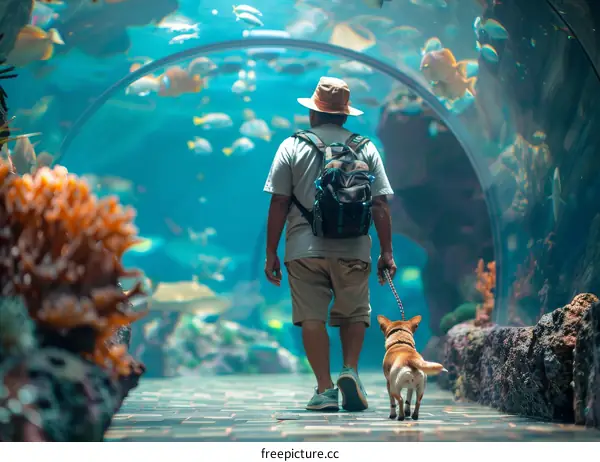 A man and his dog walk through an underwater tunnel at an aquarium