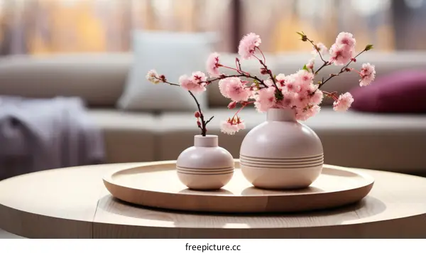 A beautiful composition of pink cherry blossoms in a ceramic vase