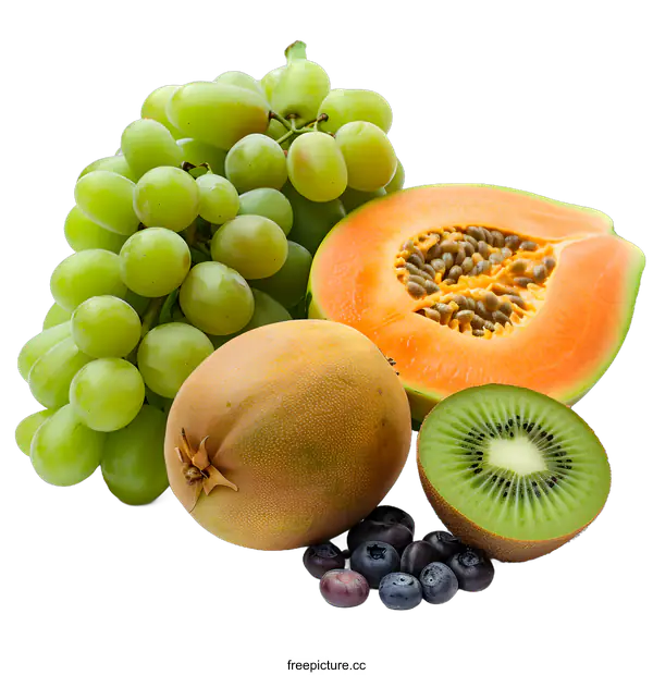 [Transparent Background PNG]Fresh Green Grapes Kiwi Papaya and Blueberries