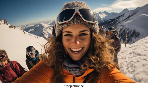 Friends on a skiing trip take a selfie at the top of a mountain