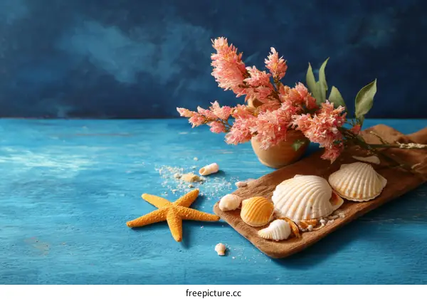 Seashell and Flower Arrangement on Wooden Tray