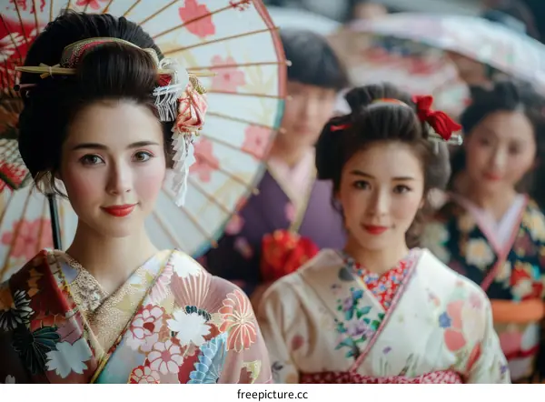 Three Japanese women wearing traditional kimono and holding red paper umbrellas.