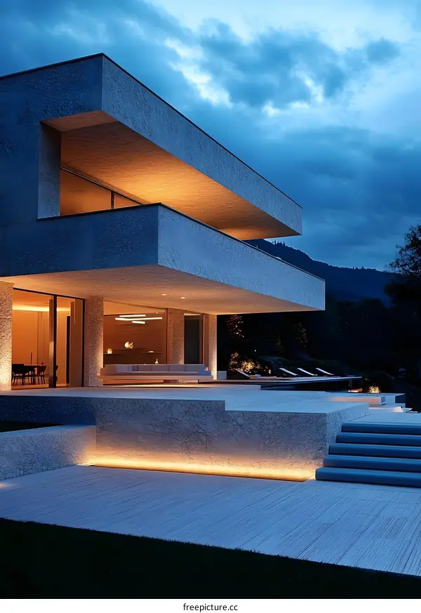 Modern House with Swimming Pool and Outdoor Lighting at Dusk