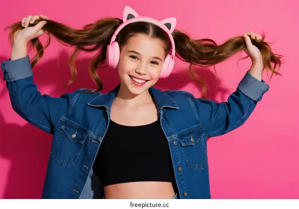 Young girl wearing cat ear headphones and denim jacket against pink background