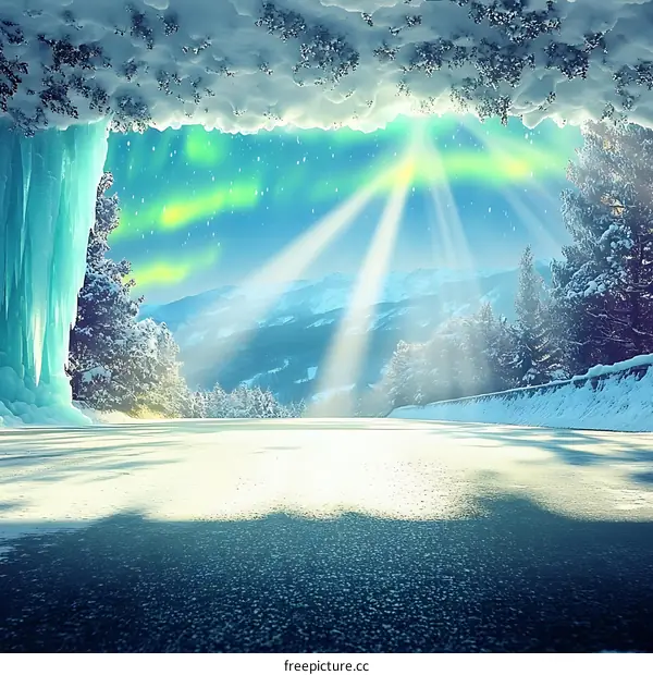 Winter Wonderland Landscape with Snowy Mountains and Northern Lights