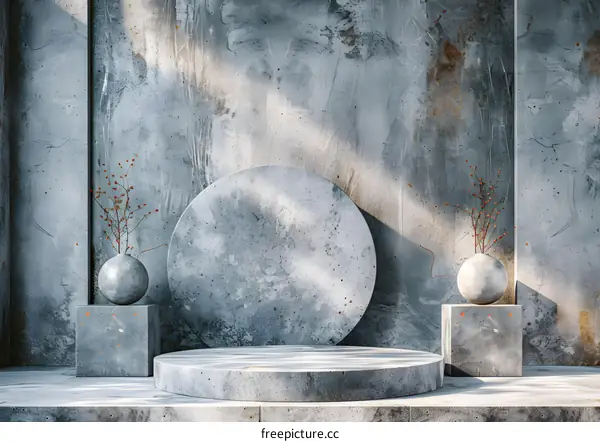 Concrete podium with geometric shapes and dried plants