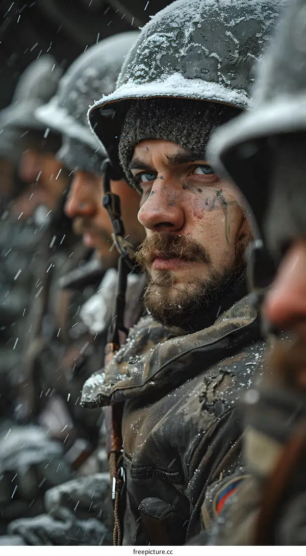 Portrait of a soldier in a winter hat and coat, with snow on his face