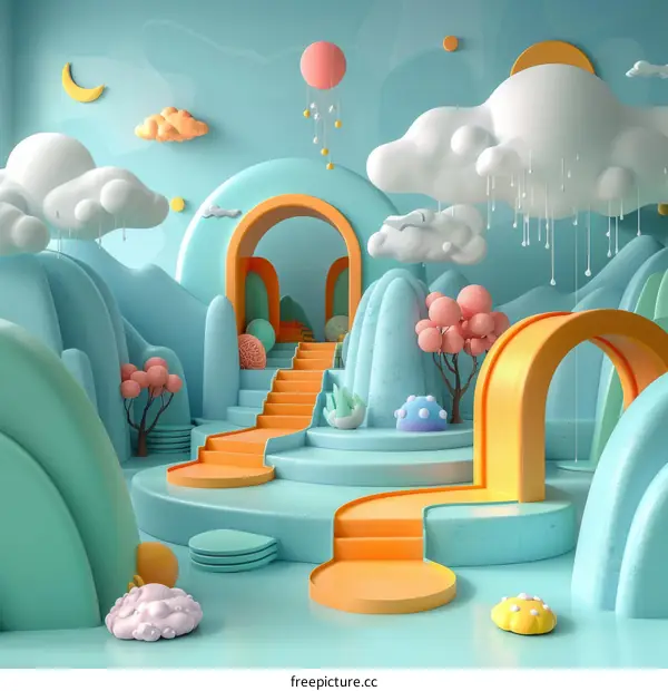 Surreal cartoon landscape with stairs, arch, and clouds