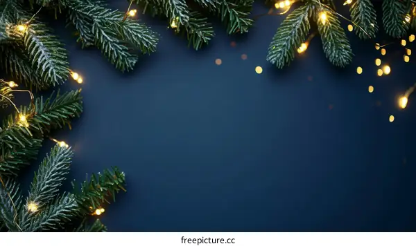 Christmas tree branches with fairy lights on dark blue background