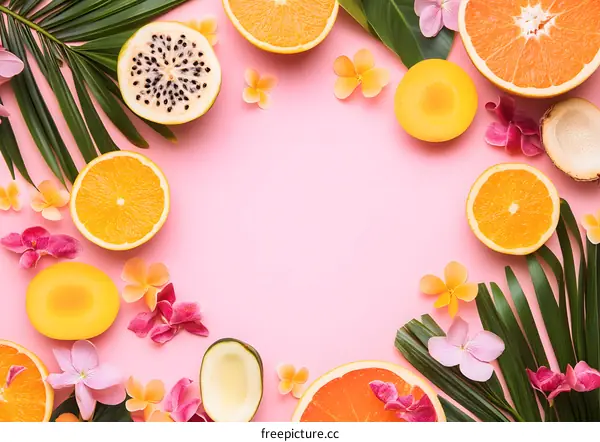 Pink Background with Tropical Fruits and Flowers