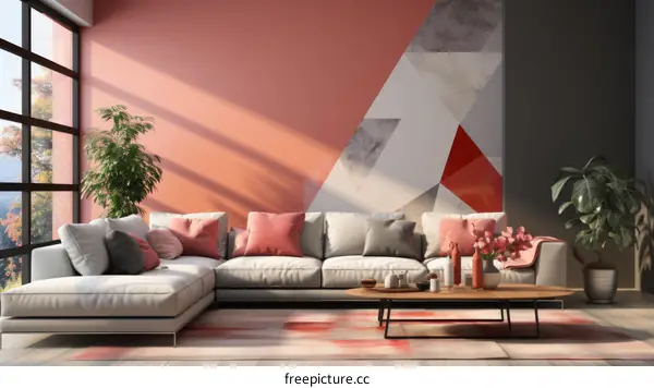 Modern living room interior with sofa and pink accent wall