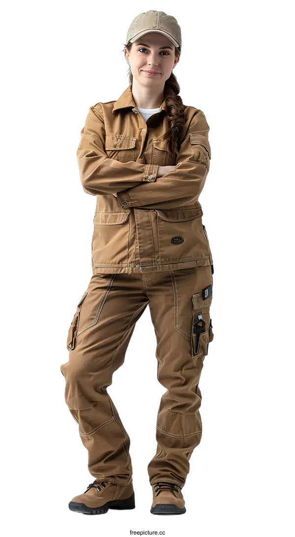 [Transparent Background PNG]Confident Female Worker in Brown Uniform on White Background