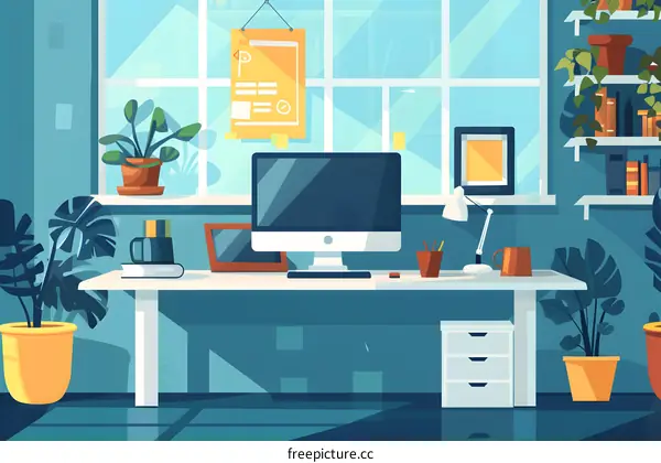 Modern Home Office Desk with Computer, Plants and Books