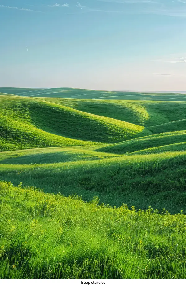 Picturesque green rolling hills under clear blue sky