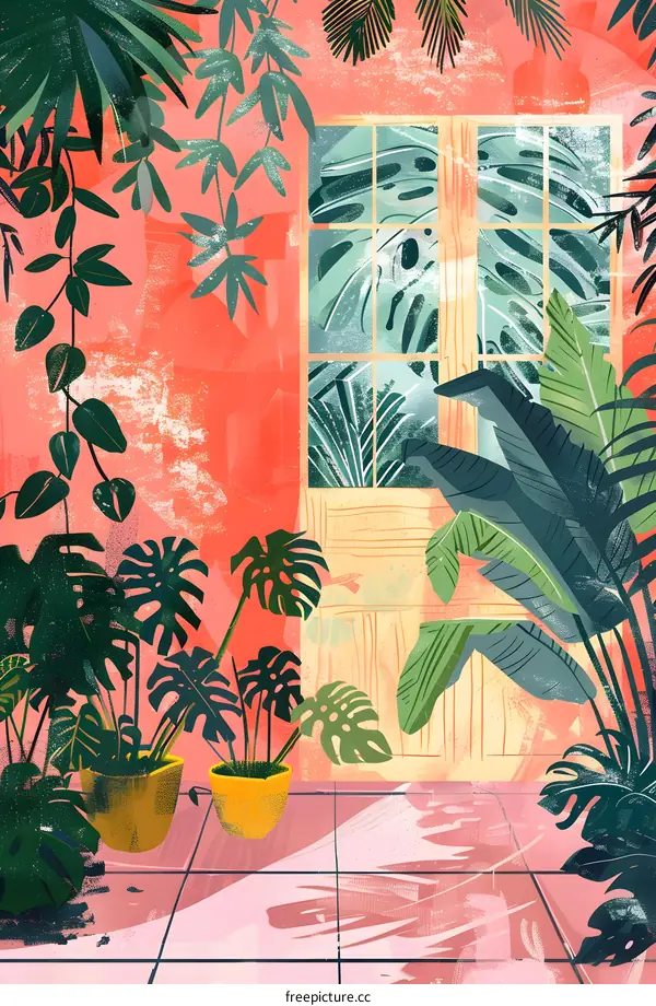 Tropical Plants Illustration with Pink Wall and Door