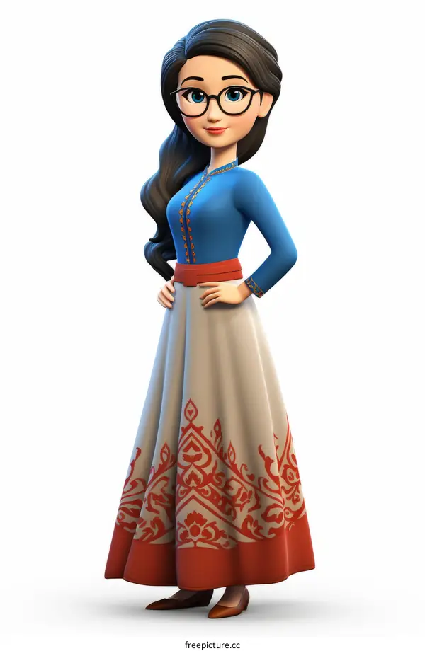 Cartoon Young Woman Wearing Glasses Blue Top Long Patterned Skirt