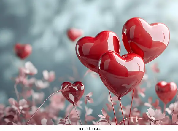 Three red heart-shaped balloons floating above a field of pink flowers