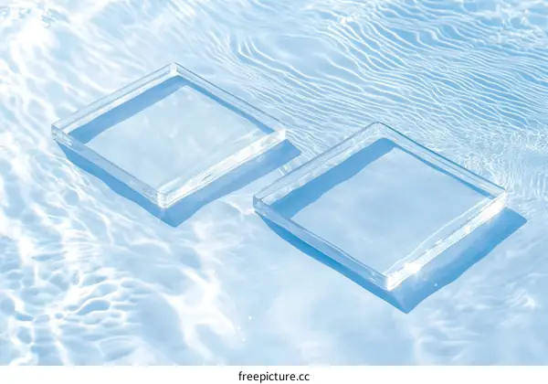 Transparent Square Dishes on Light Blue Water Background