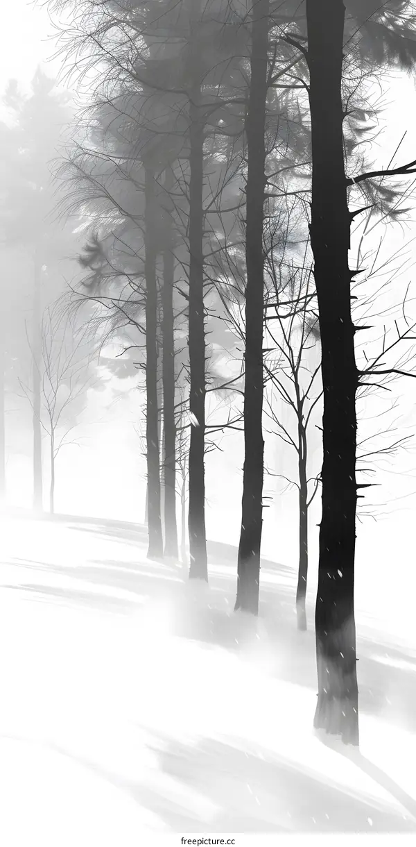 Black and White Illustration of Trees in Fog