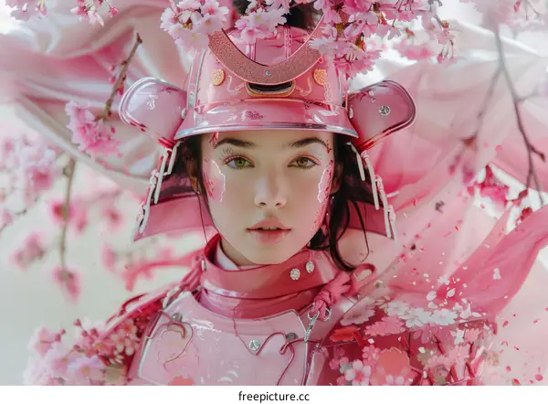 Samurai Warrior Woman with Cherry Blossoms