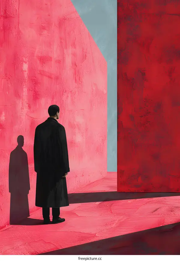 Man in a black coat standing in a red room