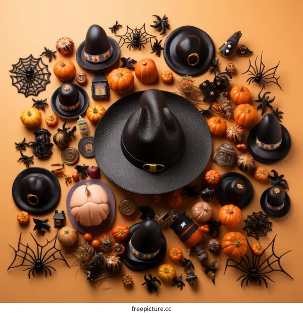 A collection of Halloween-themed items including pumpkins, hats, and spiders