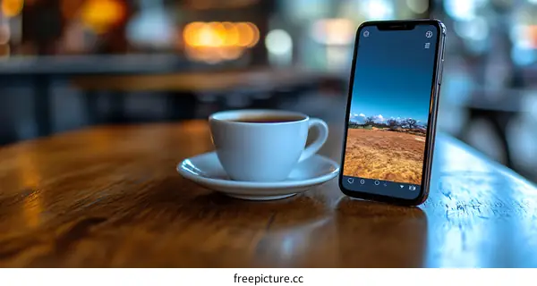 Coffee and Smartphone with a Photo of a Landscape