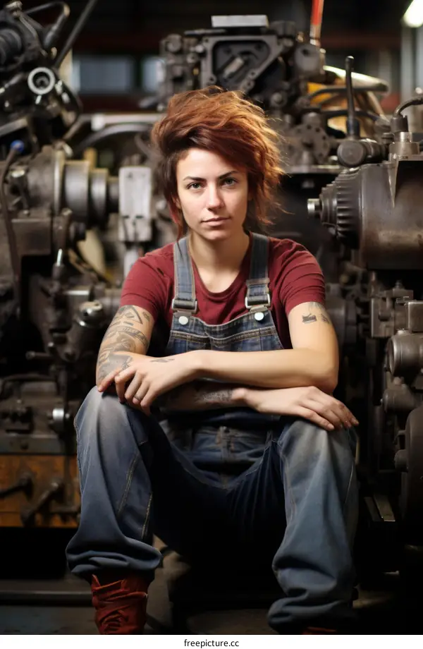 Portrait of a confident female mechanic in overalls sitting on a vintage printing machine