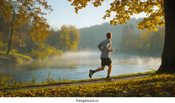 Man Running by River in Autumn