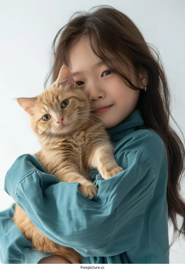 A girl hugging an orange cat