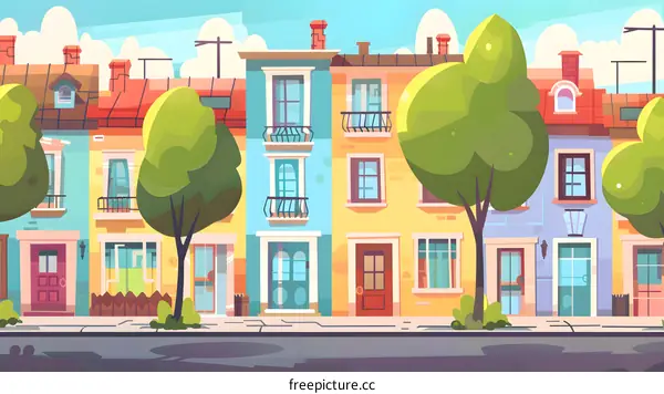 Colorful Row Houses with Green Trees and Blue Sky